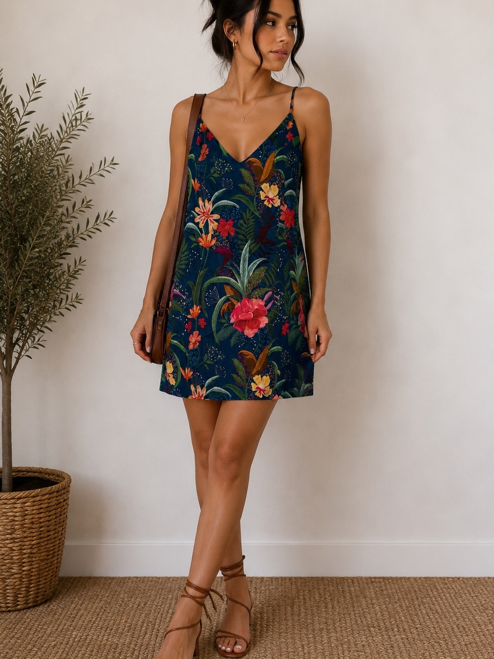 Navy Tropical Floral V-Neck Slip Dress